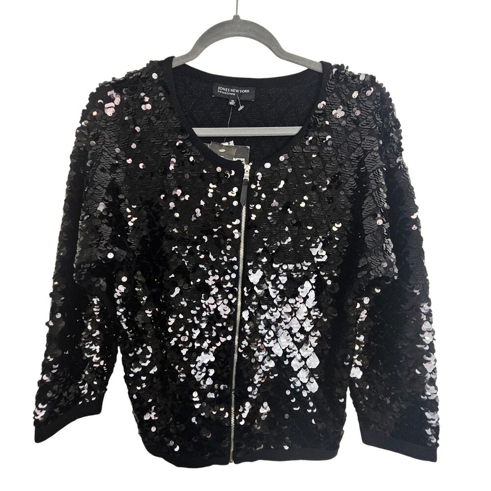 Jones New York Womens Sequin Jacket Size M Glam Yacht Evening Party Full Zip